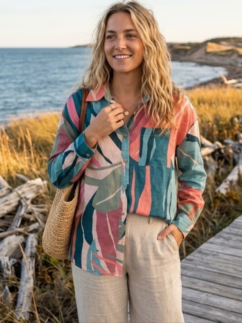 Palms Away New Linen Blend Button Front Top Womens XS Tropical Resortwear Vaca